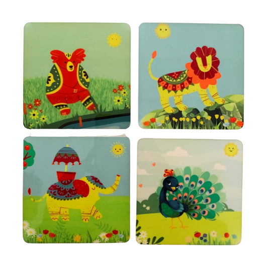 Cute Animal Coasters for kids - Set of 4, Handcrafted prints 4inch polished back